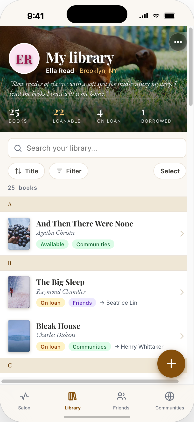 A reader's Bookfell library, showing their catalogued books
